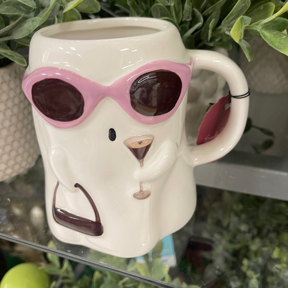 Halloween Ghost with espresso Martini 🍸👻 Purple Glasses Ceramic Coffee Mug NWT